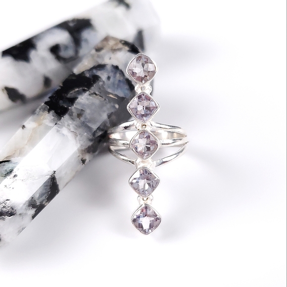 Sterling Silver 5 Stone Cushion Cut Pale Lavender Kunzite Crawler Ring Size 8 - Picture 14 of 16